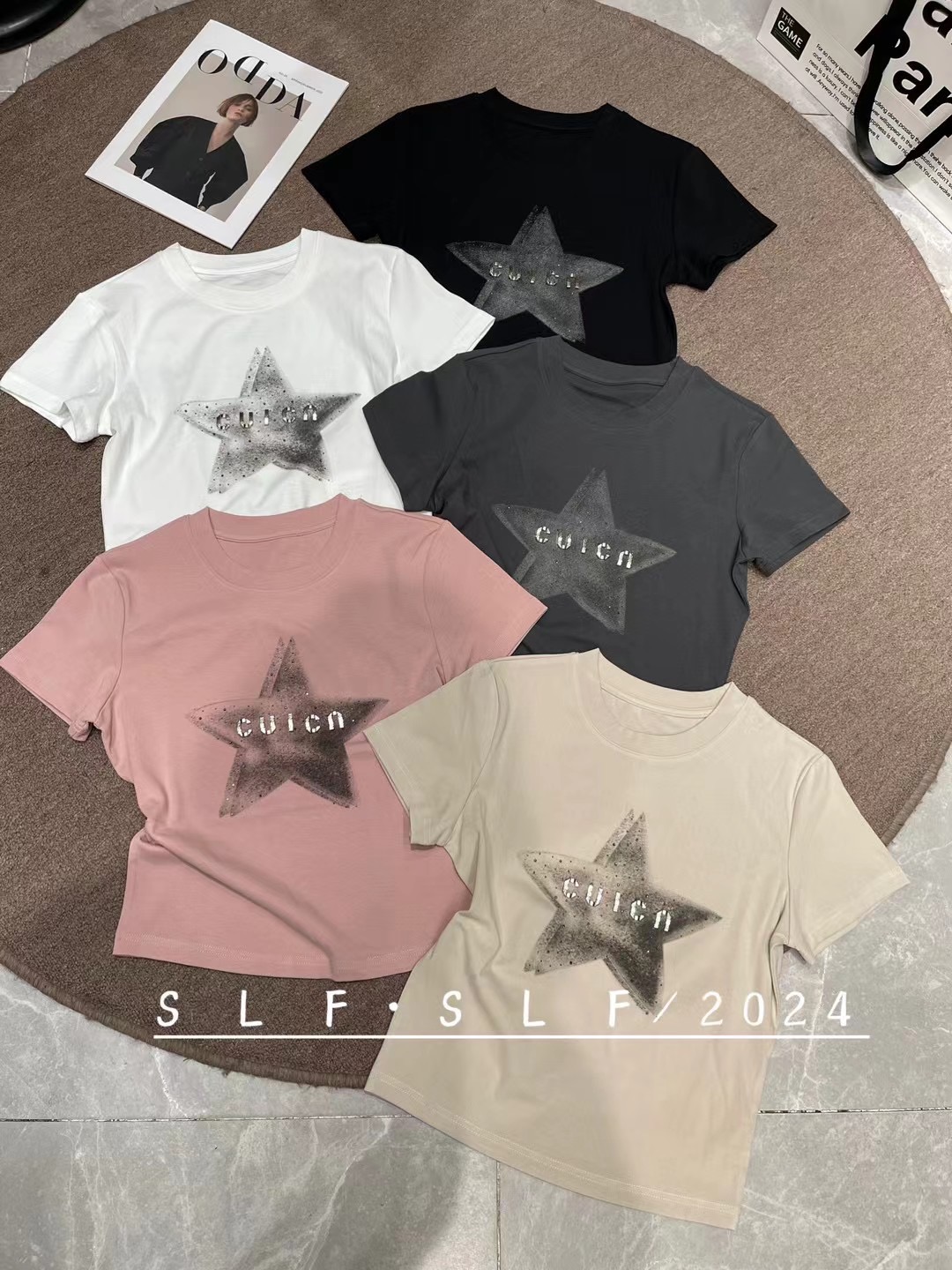 SLF水立坊早春新款韓版時尚燙鑽圖案百搭洋氣顯瘦圓領短袖t恤女潮