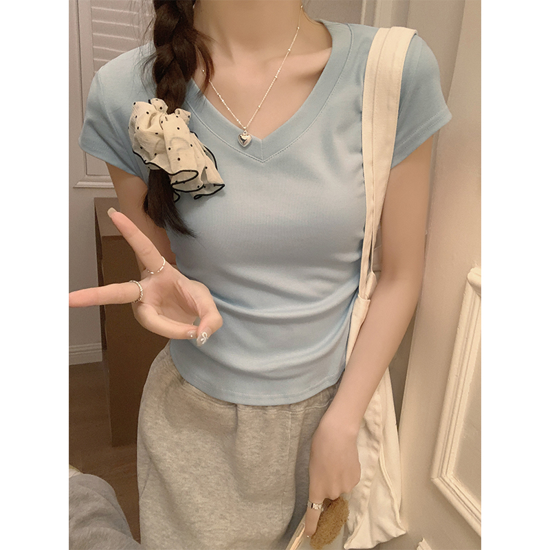 Real shot of high-end V-neck right-shoulder short-sleeved T-shirt for women summer pleated waist drawstring short pure lust top