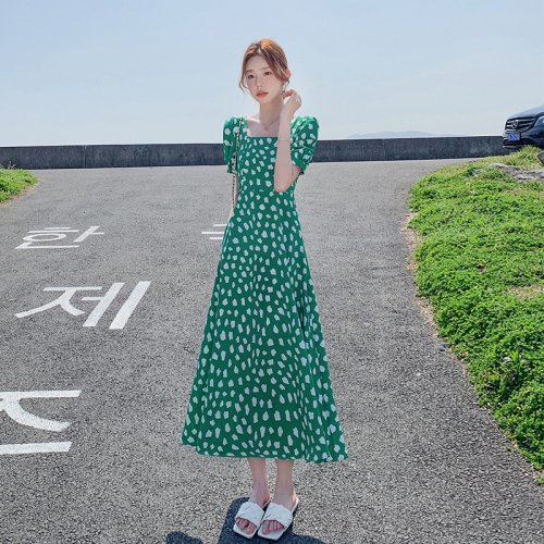 Pastoral style green floral dress women's summer plus size fat mm waist slimming puff sleeve short sleeve long skirt new style