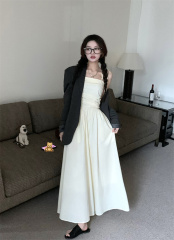 Real shot~Summer Hepburn style pleated temperament long skirt French dark gray suspender dress