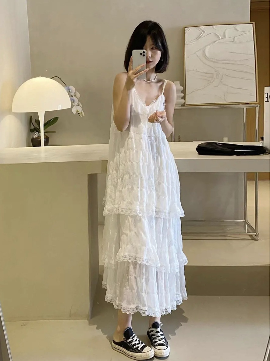 有內里蕾絲花邊吊帶裙連衣裙女裝夏季白色蛋糕裙中長款A字裙子