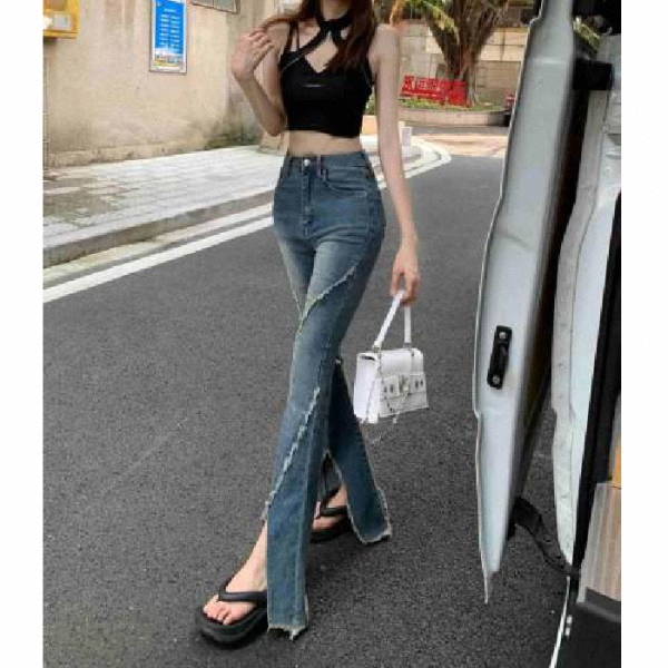 2024夏季新款高腰微喇MM牛仔褲女修身顯瘦設計感毛邊喇叭拖地褲