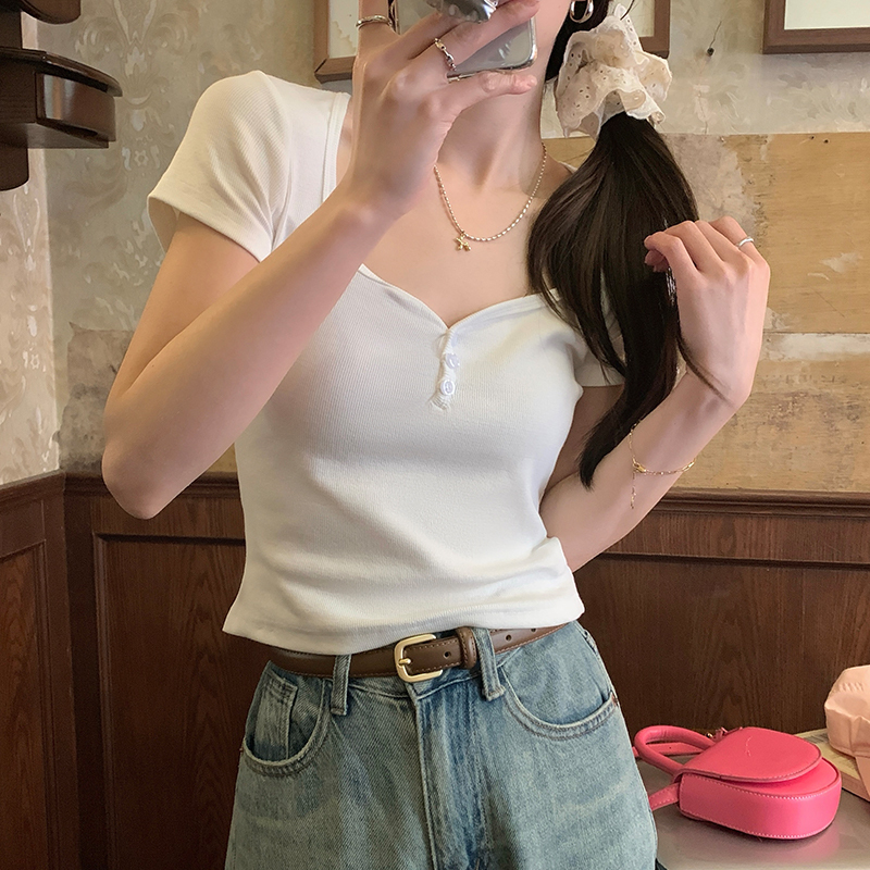 實拍美式復古正肩短袖t恤女夏季設計感小眾純棉鎖骨短款上衣