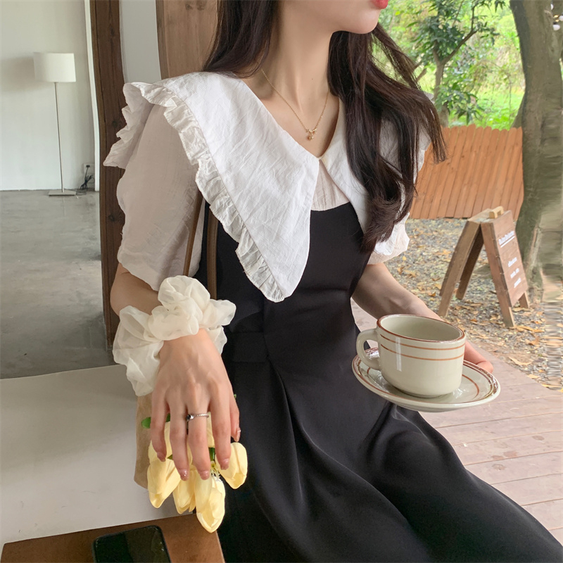韓系夏季大碼法式赫本甜美風泡泡袖收腰蝴蝶結大翻領減齡連衣裙女