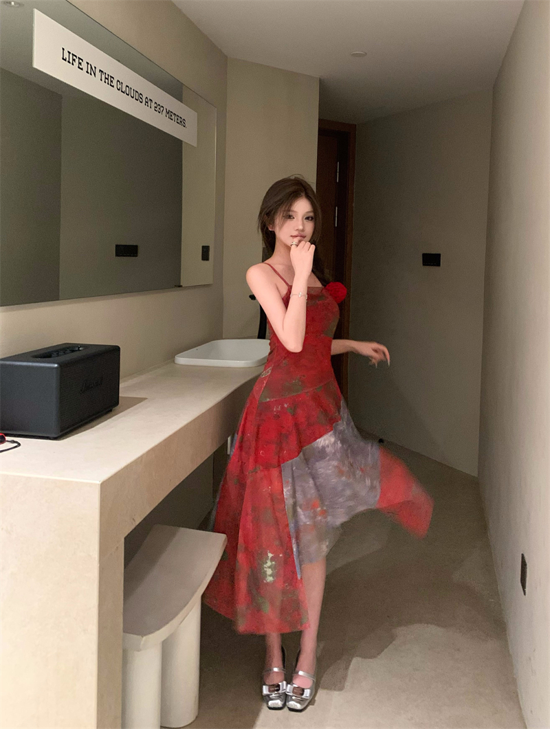 Real shot red floral irregular mesh suspender skirt retro niche design dress beach skirt