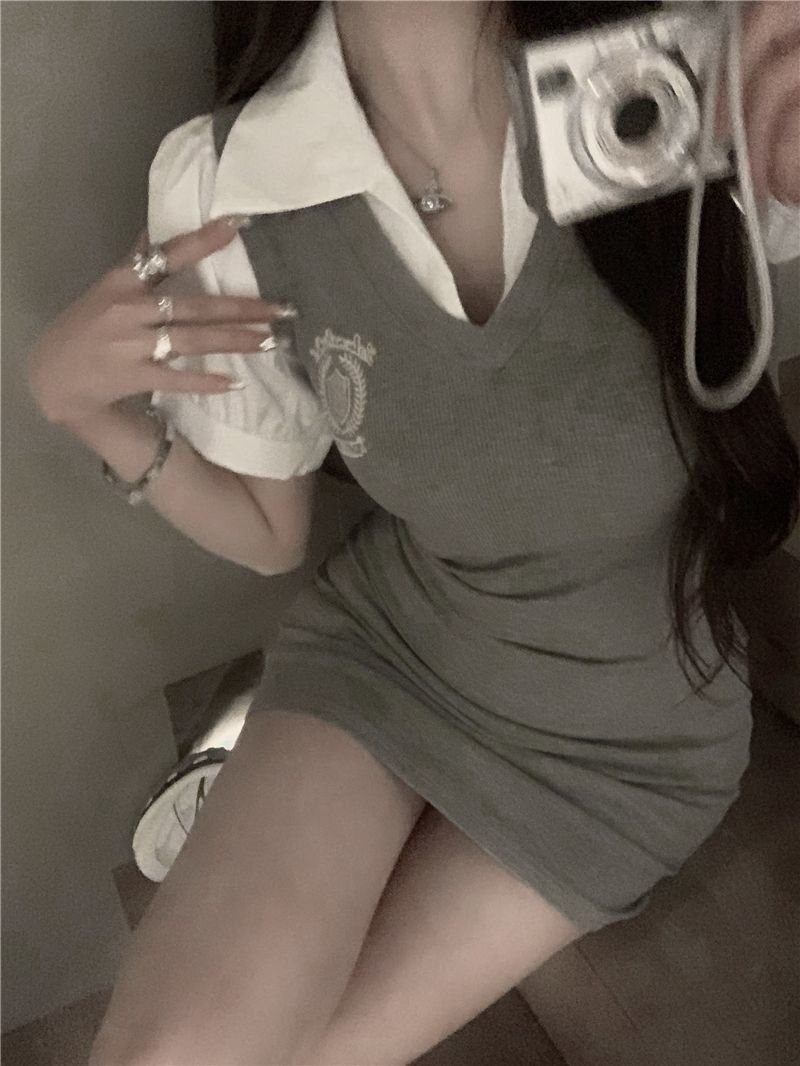 辣妹假兩件拼接設計感翻領泡泡袖短袖連衣裙女夏季收腰包臀裙短裙