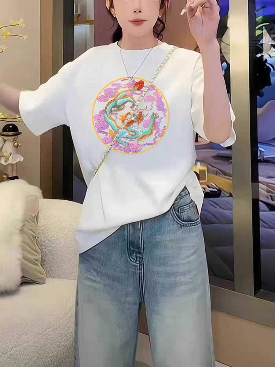 200克精梳緊密賽落紡 純棉後包條 春夏寬鬆正肩印花短袖T恤