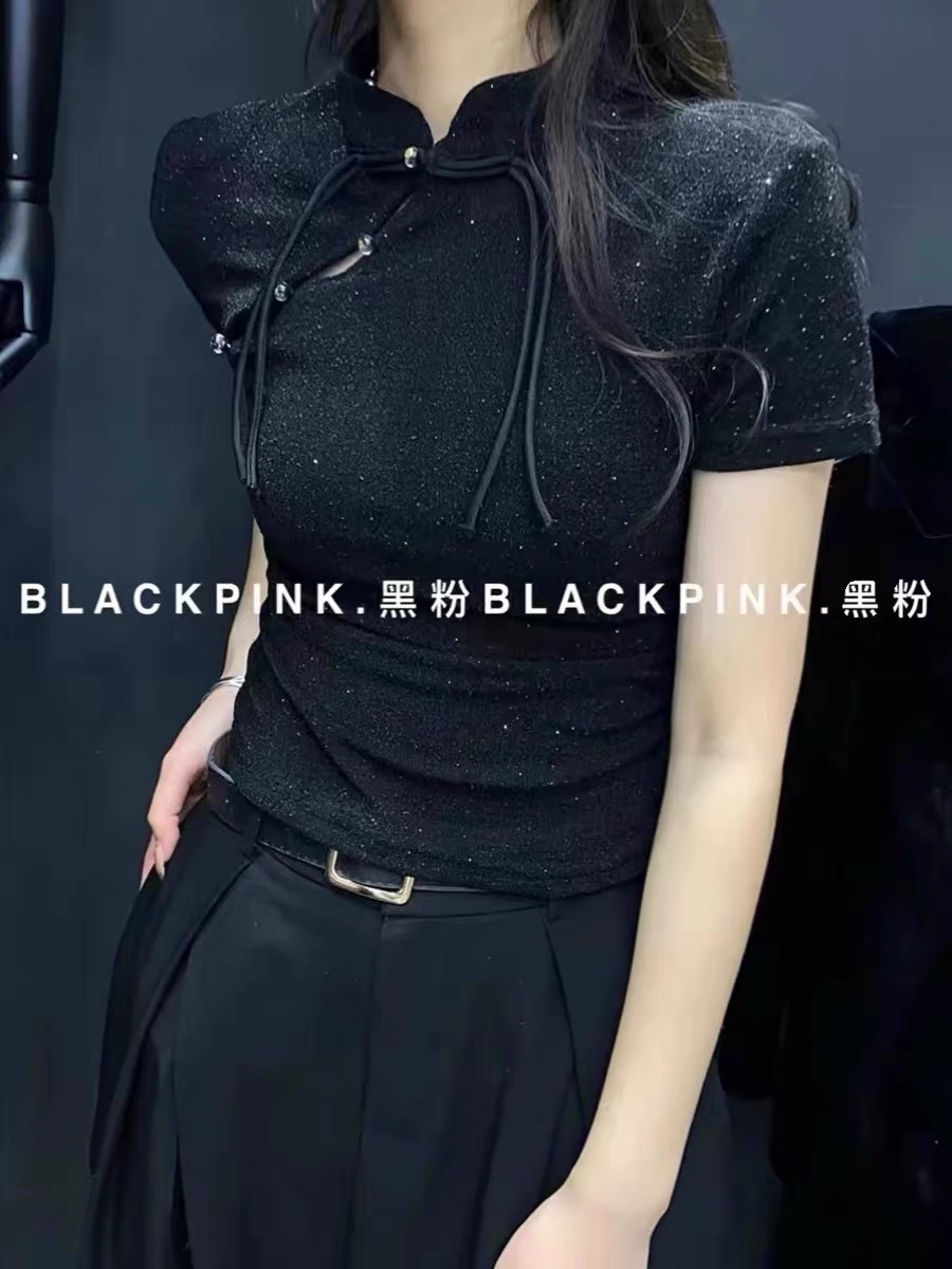 新中式國風盤扣亮閃閃短袖T恤女2024春夏設計感立領修身顯瘦上衣