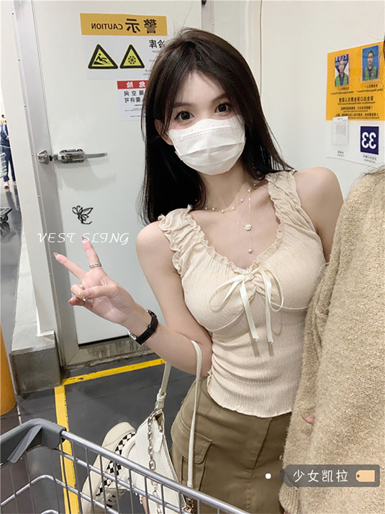 木耳邊蝴蝶結背心吊帶女裝春季新款法式甜辣風內搭外穿設計感上衣