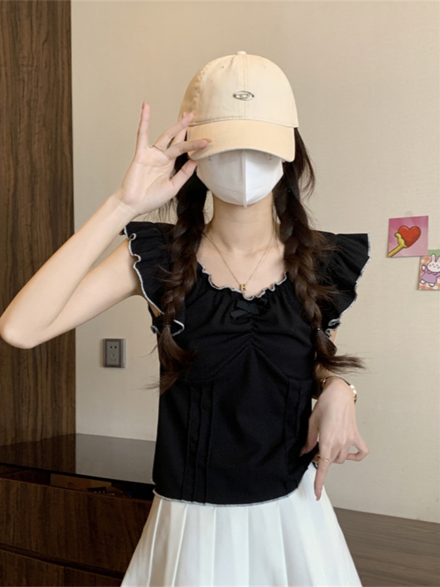 別致飛飛袖法式吊帶背心女春季2024新款修身短款蝴蝶結木耳邊上衣