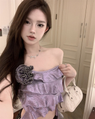 實拍 暗夜玫瑰金屬質感不規則荷葉邊性感修身斜肩吊帶上衣