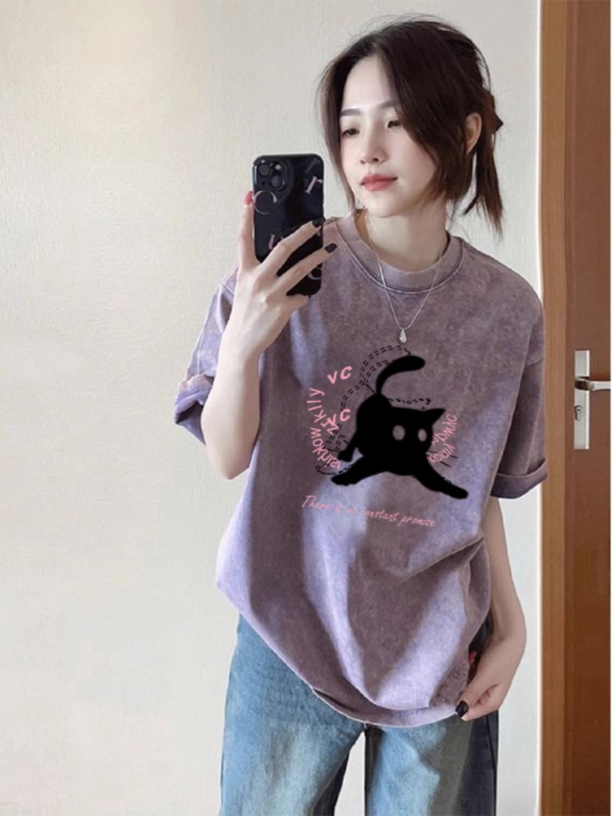 230克純棉包領 春夏季美式復古寬鬆大碼上衣印花水洗做舊短袖T恤