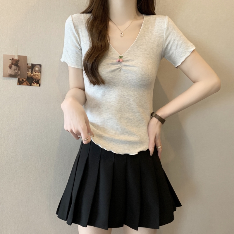實拍  40支純棉 2024夏裝V領打底衫女荷葉邊短袖T恤女