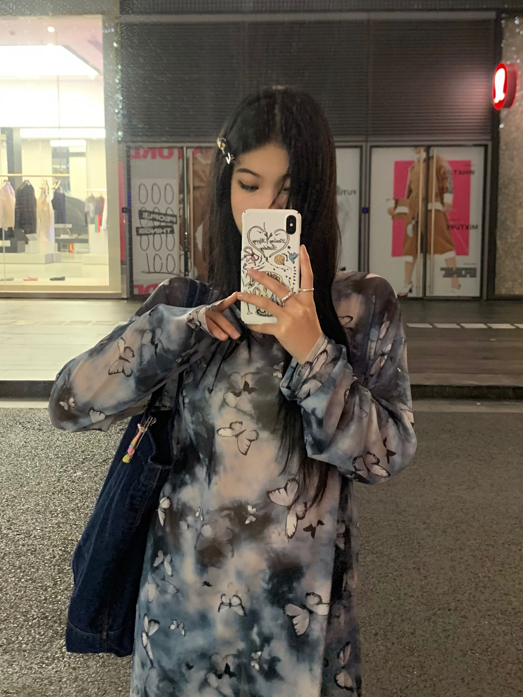 實拍2024~設計感蝴蝶印花網紗疊穿中長款連衣裙長袖罩衫