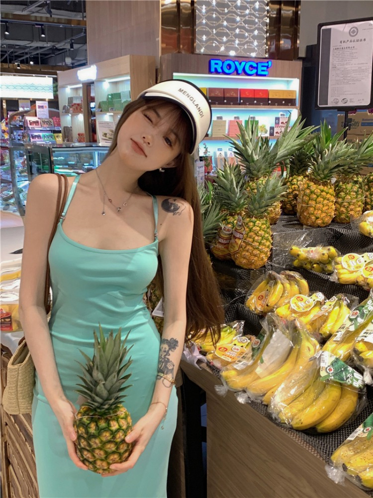 辣妹露背性感吊帶連衣裙女裝春季收腰緊身魚尾裙藍色別致中長裙子