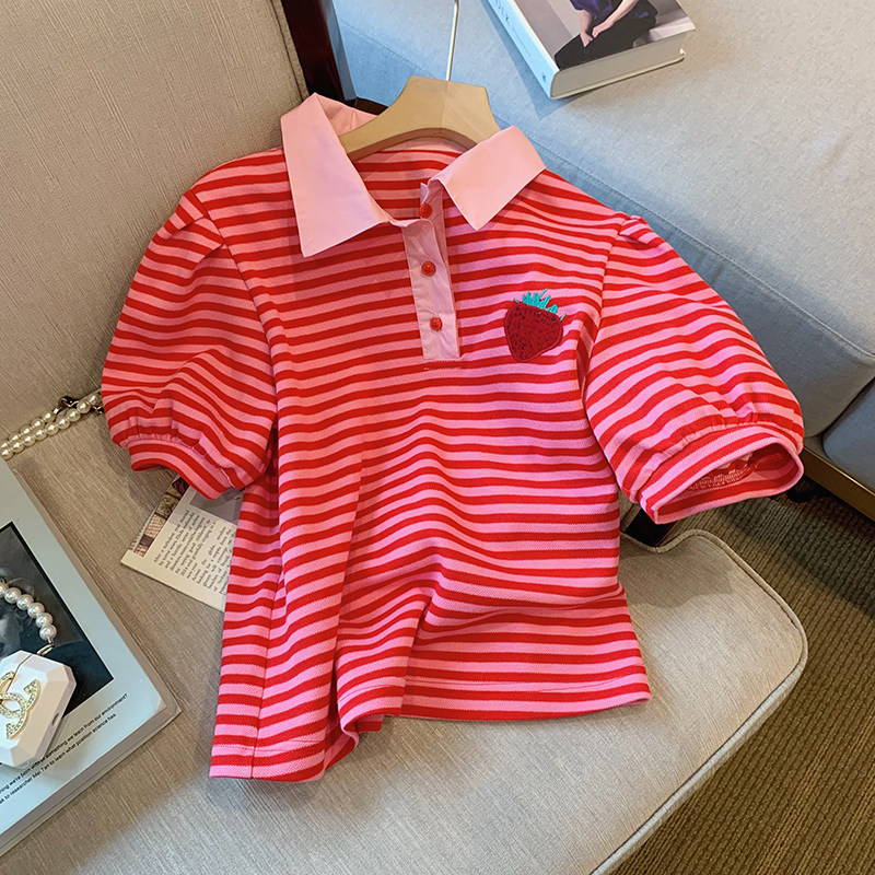 純棉夏季甜美可愛少女刺繡泡泡袖拼色Polo衫翻領短袖T恤女上衣
