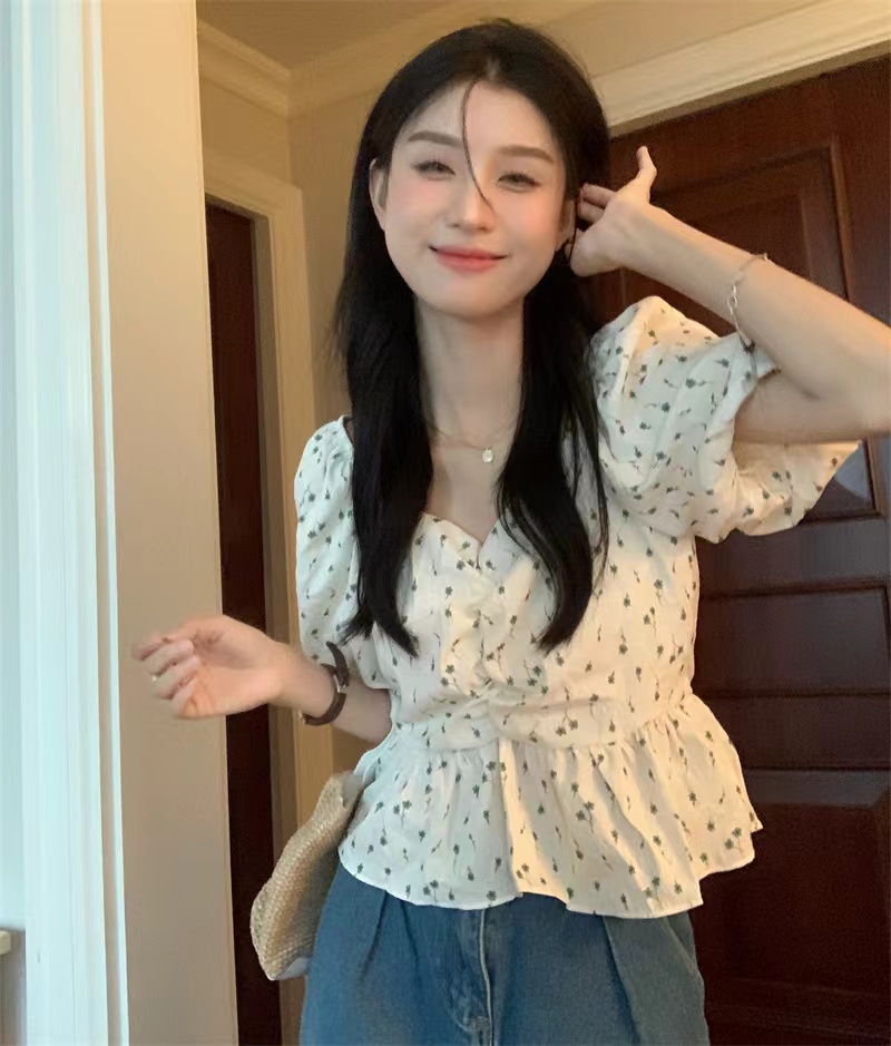 夏季韓版甜美小清新收腰顯瘦方領碎花褶皺短袖上衣潮