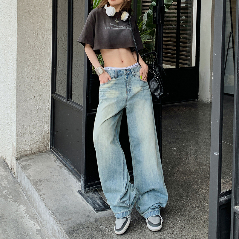 實拍 新款美式復古水洗寬鬆直筒牛仔褲女百搭垂感闊腿褲子