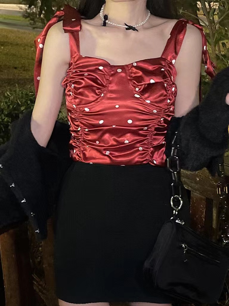 實拍三標齊印花系帶蝴蝶結上衣女波點褶皺外穿氣質吊帶背心女