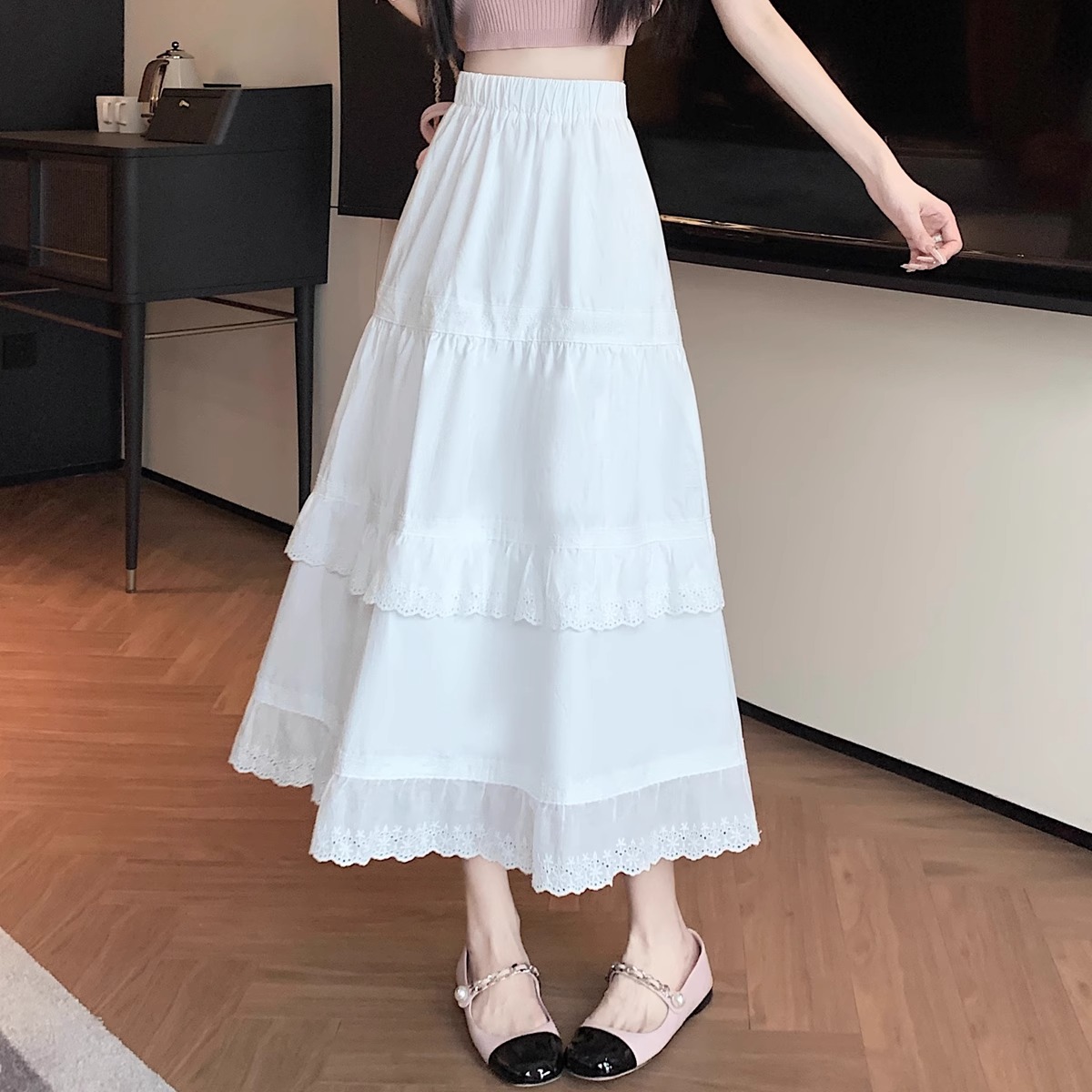 夏季2024新款蕾絲邊蛋糕半身裙女