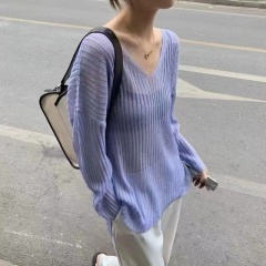 Korean Ice Silk Sun Protection Knit Top 2024 Summer New Arrival Long Sleeve Thin Beach Cover-Up V-Neck Loose Air Conditioning Shirt