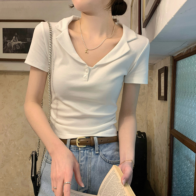 實拍Polo翻領露骨純棉短袖t恤女夏收腰抽繩正肩修身短款上衣