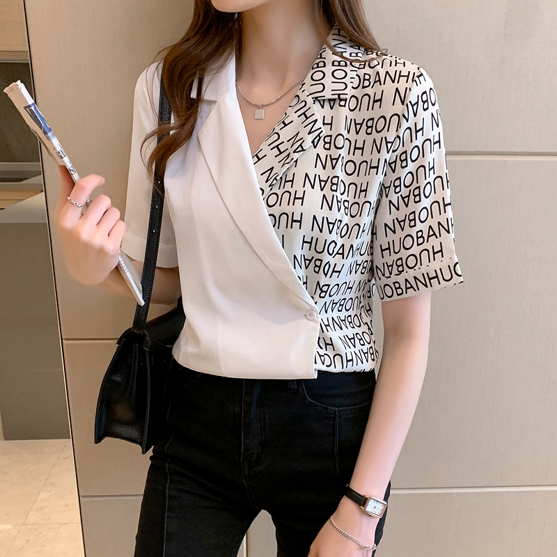 2024新款夏季拼接雪紡襯衫女士短袖洋氣設計感襯衣西裝領百搭上衣