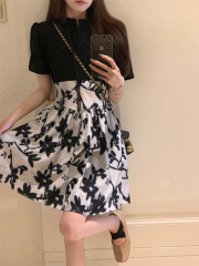 實拍~大碼女裝赫本風法式復古氣質設計感小眾收腰拼接國風連衣裙