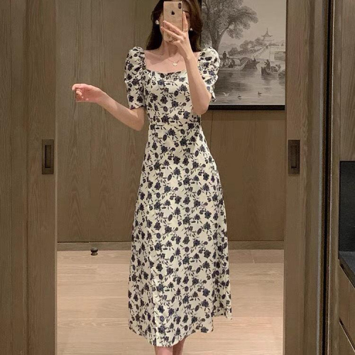 Rose floral dress 2024 spring and summer new Korean style small French tea break waist slimming one-line collar