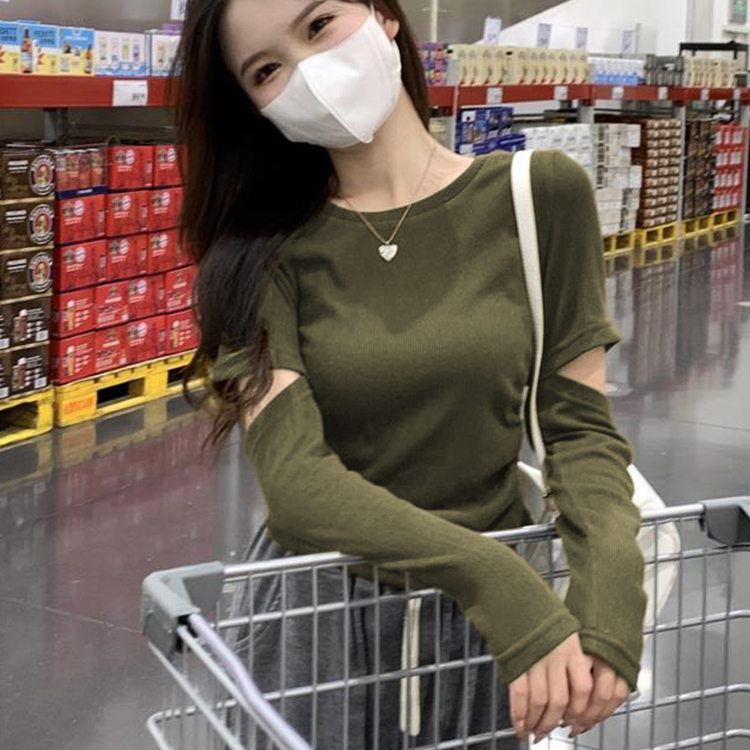 已出貨 時尚洋氣上衣春季小眾設計感辣妹修身顯瘦長袖鏤空t恤