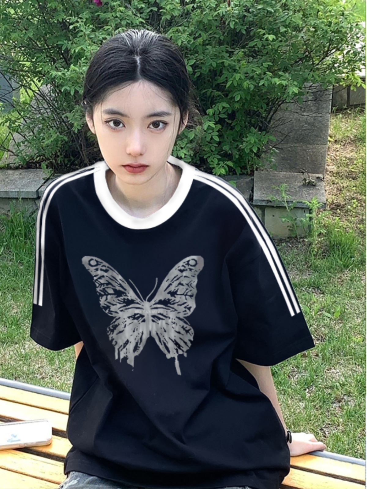 2024年夏裝新款 220克100%棉三條槓 2024年新款夏裝短袖T恤女