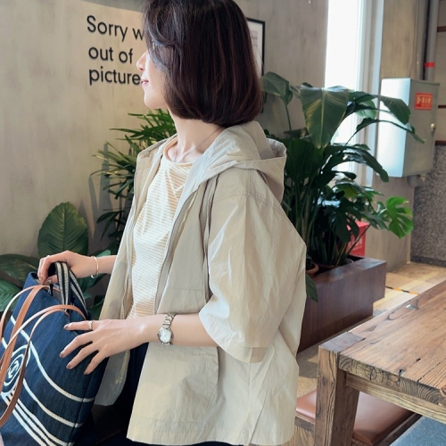 2024 Korea Dongdaemun spring loose casual style large pocket hooded solid color zipper cardigan short-sleeved jacket