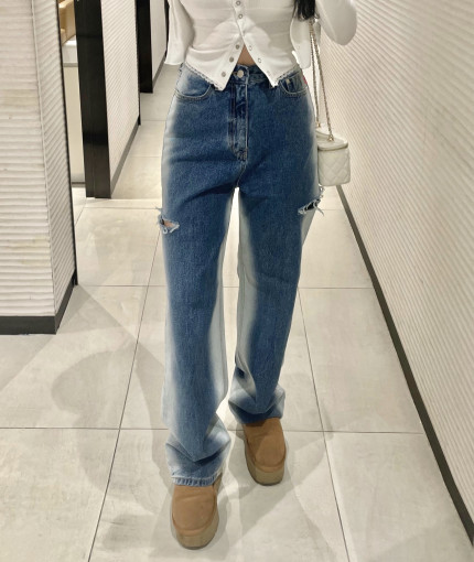 高腰顯瘦系扣直筒休閒做舊拼色牛仔褲女褲長褲