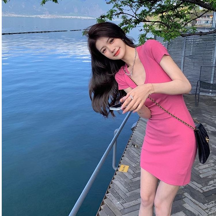 ins超火辣妹純欲風粉色連衣裙女修身顯瘦夏季高腰包臀裙