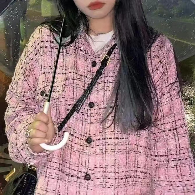 小香風粉色格子編織夾克外套女學生春秋韓版寬鬆oversize潮牌工裝