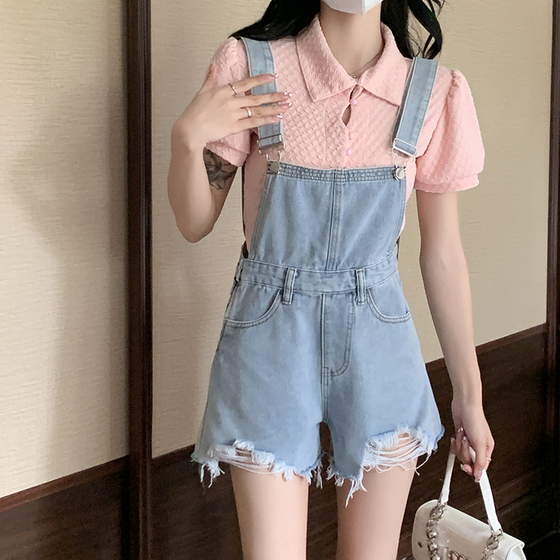 實拍 韓系破洞牛仔背帶短褲女寬鬆高腰顯瘦闊腿熱褲吊帶連體褲子