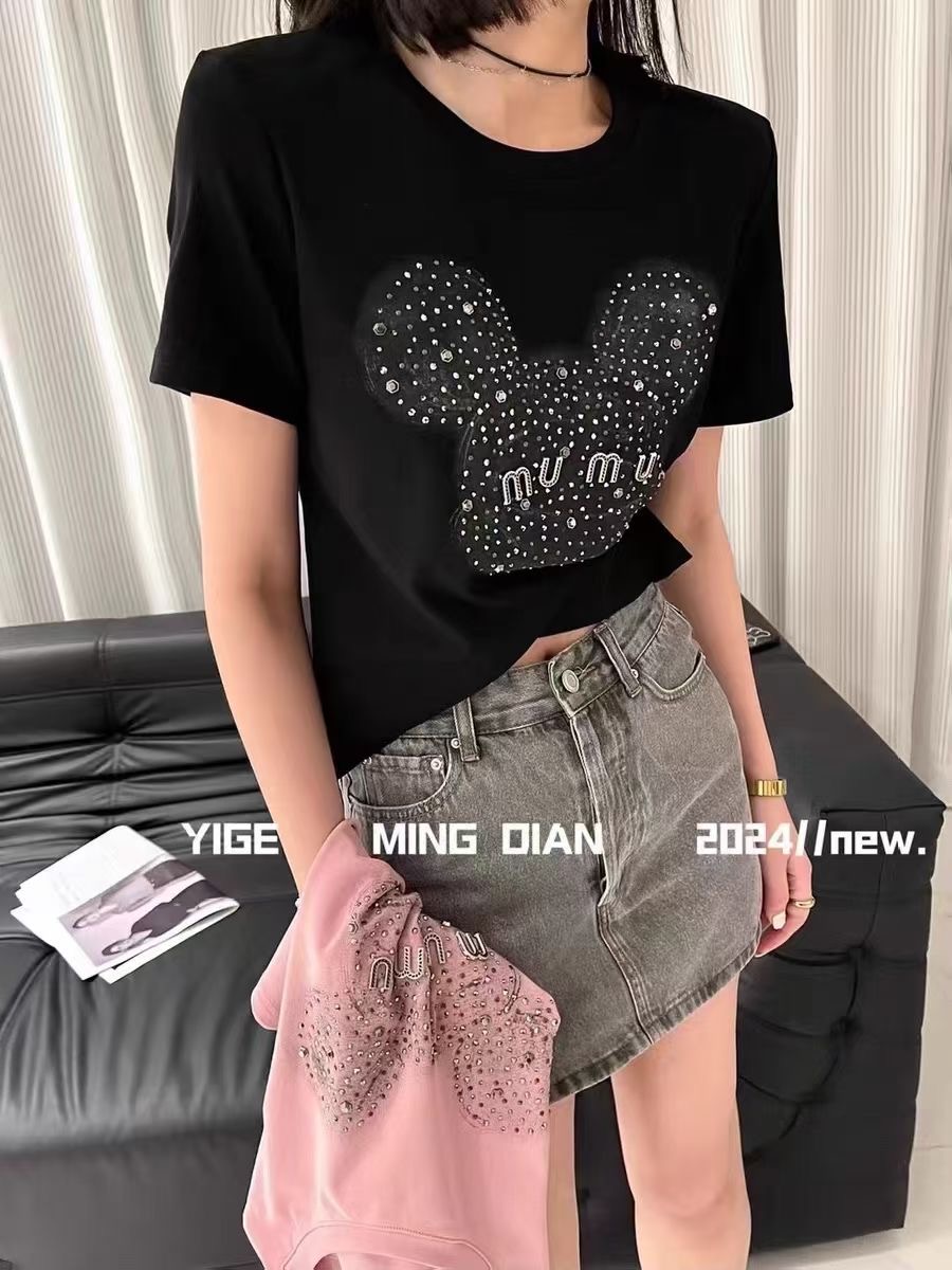 短袖正肩設計感重工燙鑽t恤廣州十三行女裝高端歐貨上衣2024夏季
