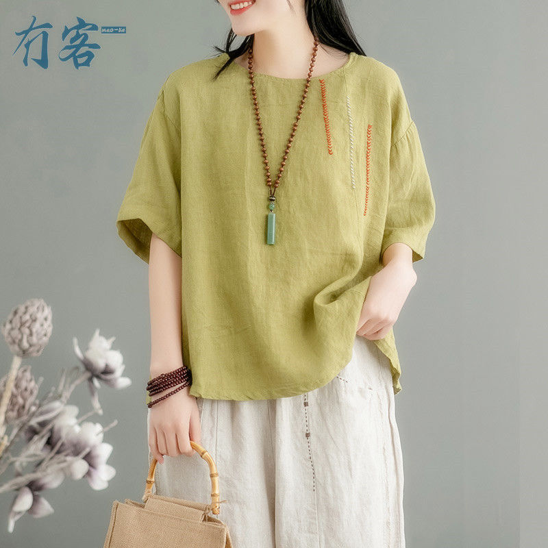 文藝復古短袖女刺繡棉麻圓領夏季新款寬鬆大碼百搭T恤套頭上衣女