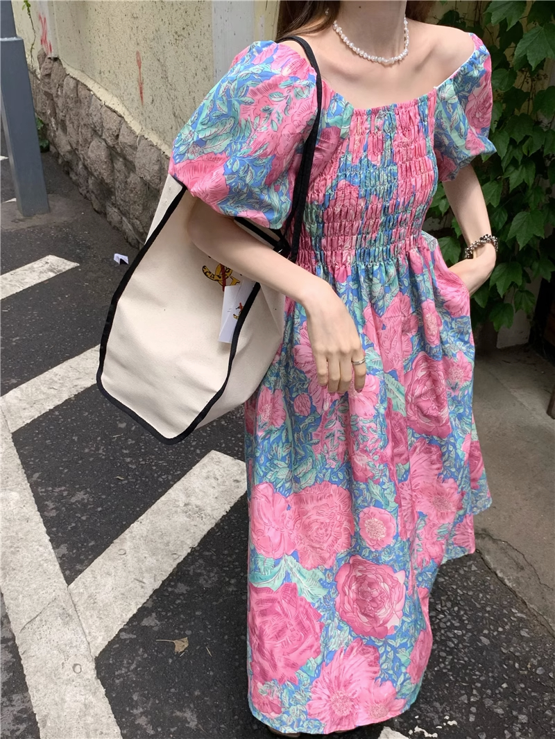 韓國原單一字肩碎花連衣裙女夏季設計感小眾收腰裙子a字中長裙