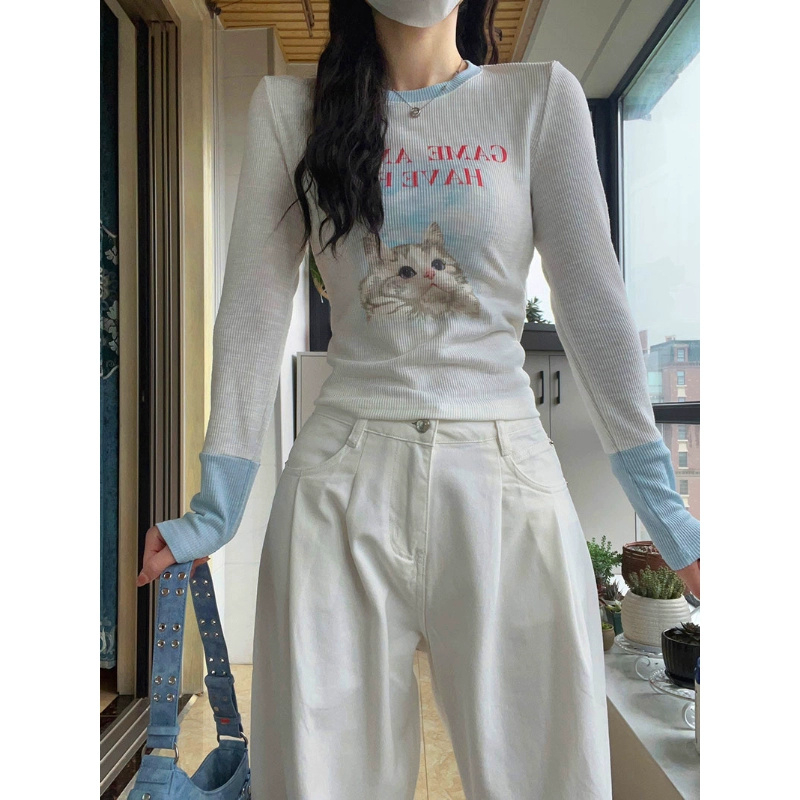 辣妹正肩長袖打底衫女短款收腰上衣