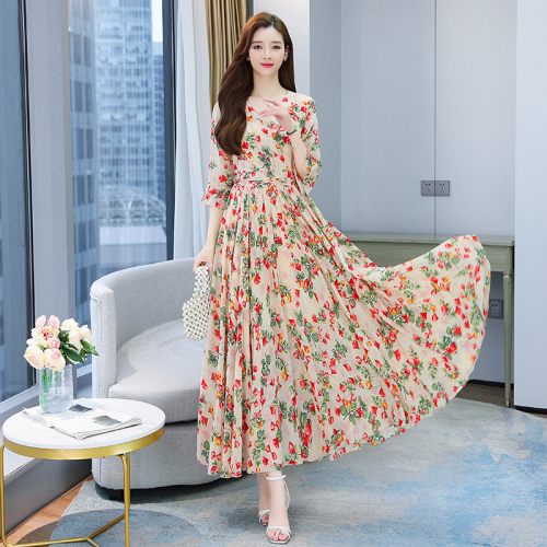 2024 new short-sleeved women's floral new dress summer chiffon long skirt v-neck high waist covering belly slimming skirt fairy