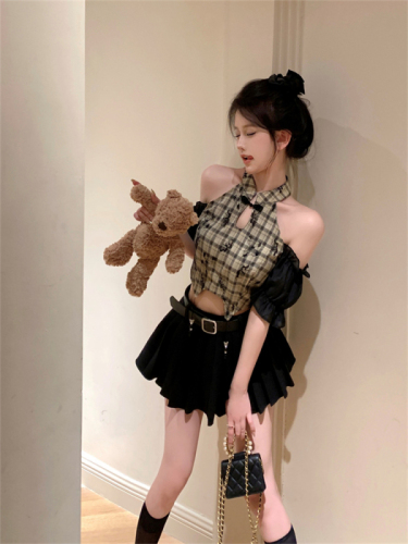 Actual shot of new Chinese style pure lust style butterfly print plaid splicing short-sleeved shirt top