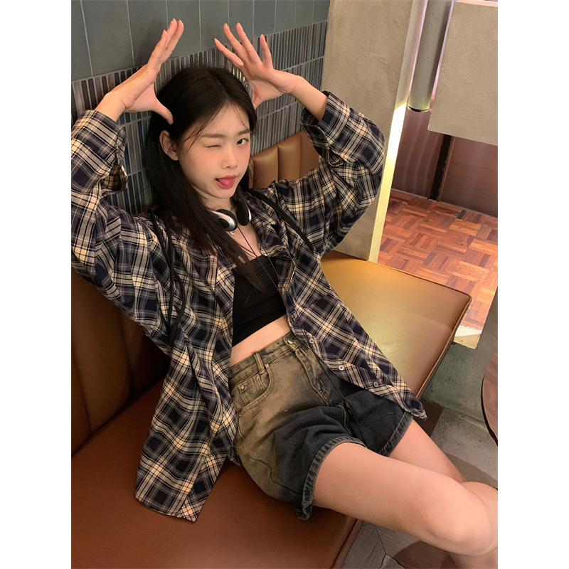 韓版復古長袖格子襯衫外套春秋設計感小眾polo領休閒百搭長袖開衫