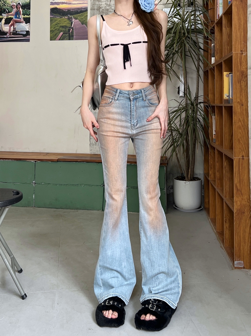 實拍#腮紅高腰微喇叭牛仔長褲女水洗設計感闊腳拖地褲子