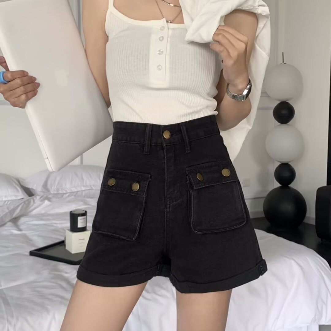 復古卷邊高腰牛仔短褲女夏寬鬆闊腿褲辣妹a字直筒熱褲子