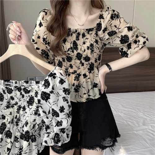 Casual chiffon shirt T-shirt floral dark new Korean style French square collar high-end waist slimming short-sleeved top