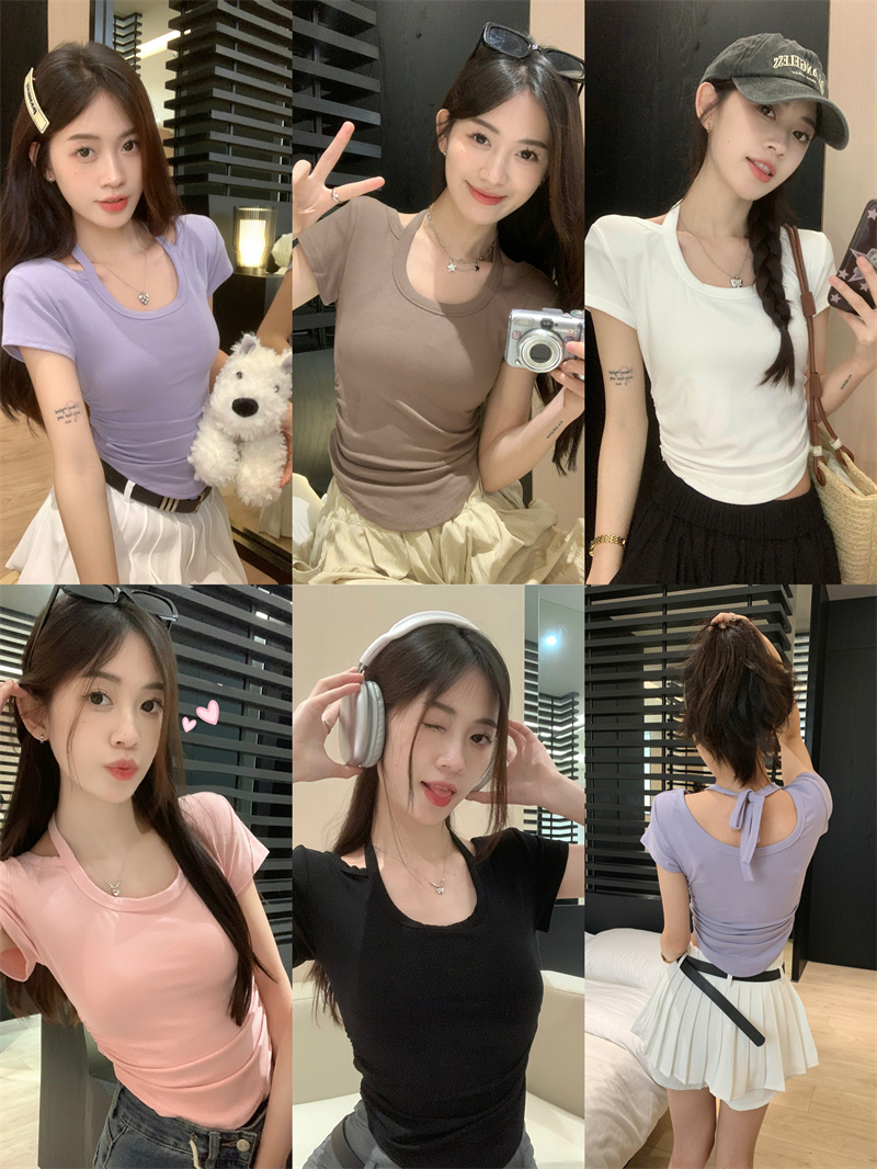 實拍 設計感小心機掛脖系帶短款T恤女修身顯瘦辣妹正肩短袖