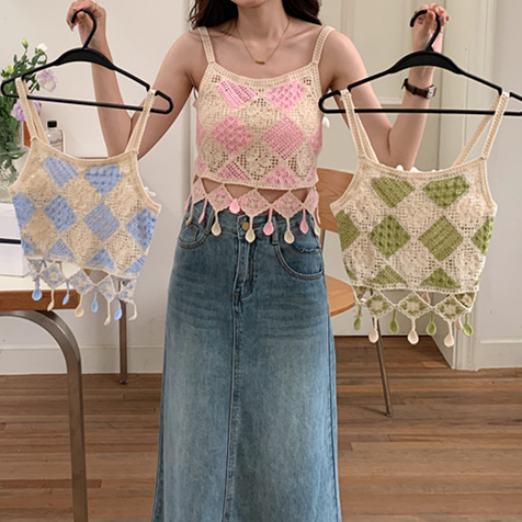 針織刺繡鏤空小吊帶背心女夏季甜美小清新外穿海邊度假風短款上衣