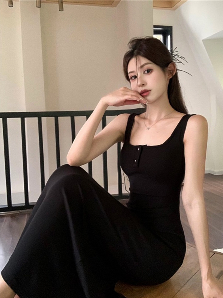 吊帶背心女大碼連衣裙高個子方領長裙2024夏季新款修身顯瘦高級感