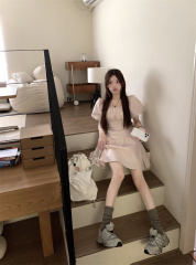 實拍~韓版百搭減齡少女粉泡泡袖一直肩中長款連衣裙